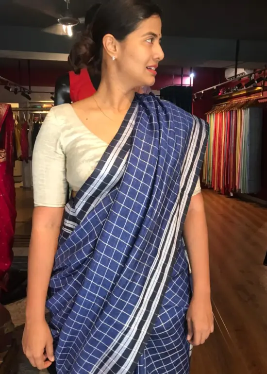 Navyblue Handmade Pure Linen Saree highlighted in Chequered Pattern