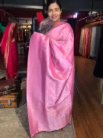 Pink Banarasi Silk Saree with Gold and Silver Zari Weaves - Image 3