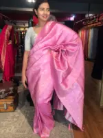 Pink Banarasi Silk Saree with Gold and Silver Zari Weaves - Image 2
