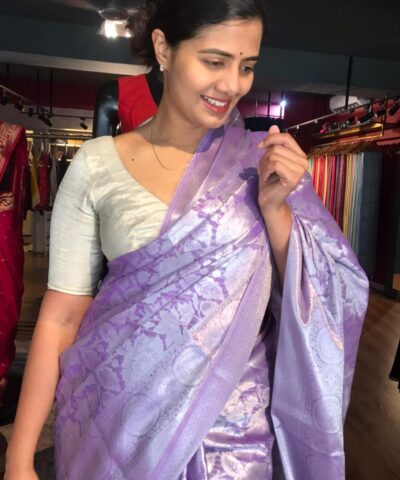 Lavender Banarasi Silk Saree with Silver Zari Weaves
