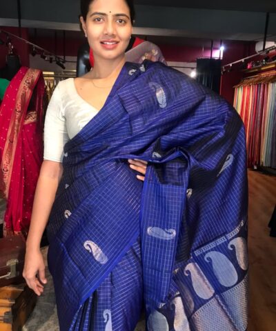 Royal Blue Kanjivaram Silk Saree with Handwoven Paisley Motifs