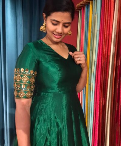 Green Silk Dress adorned with Hand Embroidery