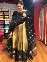 Black Handwoven Kora Organza Silk Dupatta adorned with Resham Zari Butta``s with zari pallu - Image 3
