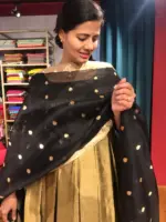 Black Handwoven Kora Organza Silk Dupatta adorned with Resham Zari Butta``s with zari pallu