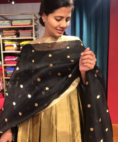 Black Handwoven Kora Organza Silk Dupatta adorned with Resham Zari Butta``s with zari pallu