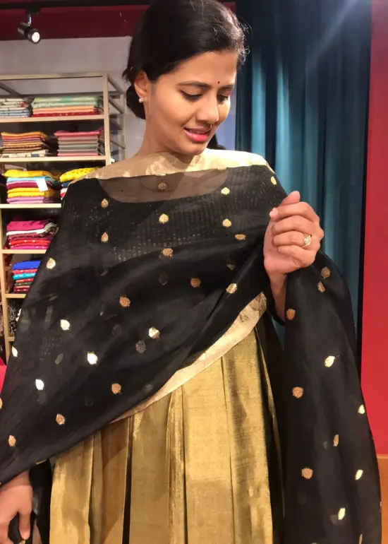 Black Handwoven Kora Organza Silk Dupatta adorned with Resham Zari Butta``s with zari pallu