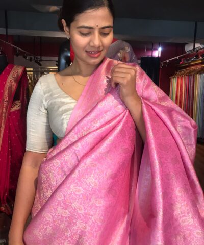 Pink Banarasi Silk Saree with Gold and Silver Zari Weaves
