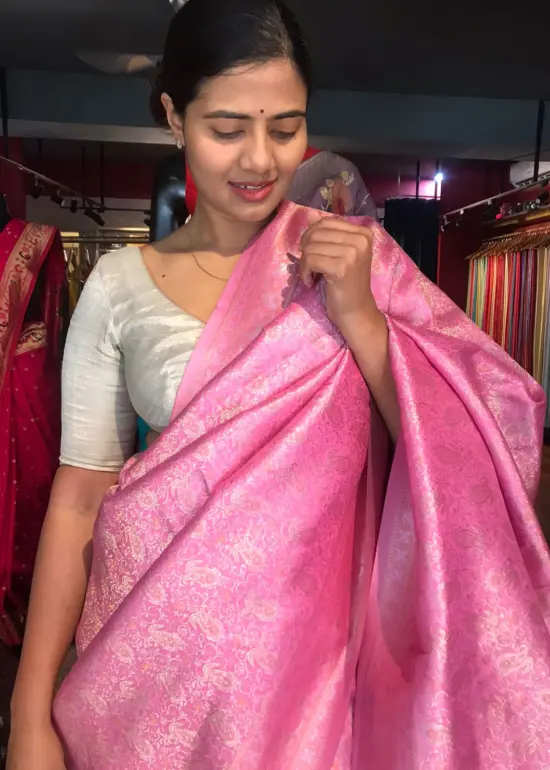 Pink Banarasi Silk Saree with Gold and Silver Zari Weaves