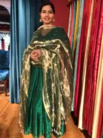 Green Handwoven Tissue Silk Dupatta adorned with Resham Zari Buttas with zari pallu