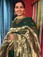 Green Handwoven Tissue Silk Dupatta adorned with Resham Zari Buttas with zari pallu - Image 2