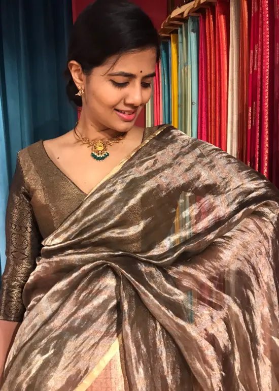 Grey with Gold Tissue Silk Dupatta adorned with zari piping