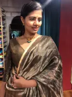 Grey with Gold Tissue Silk Dupatta adorned with zari piping - Image 3