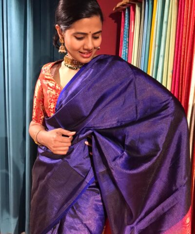 Royal Blue Kanjivaram Silk Saree with Gold Zari Checks
