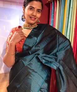 Amber Green Kanjivaram Silk Saree with Silver Zari Checks