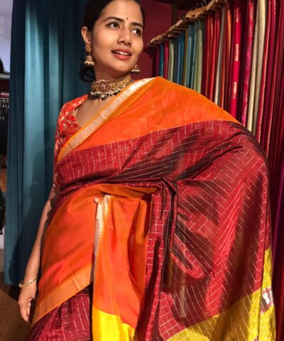 Maroon Mangalagiri Silk Saree in Gold Zari Chequered Pattern