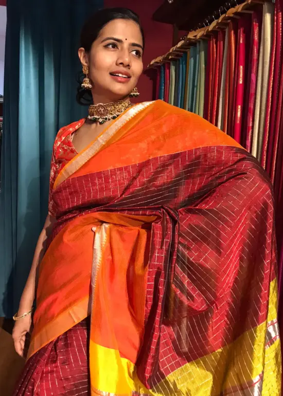 Maroon Mangalagiri Silk Saree in Gold Zari Chequered Pattern