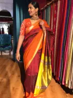 Maroon Mangalagiri Silk Saree in Gold Zari Chequered Pattern - Image 2