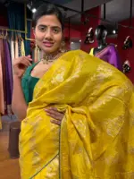 Yellow Banarasi Silk Saree highlighted with Leheriya Weaves - Image 4