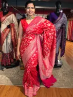 Red Banarasi Silk Saree highlighted with Floral weaves and Contrast Woven Border - Image 2