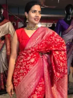Red Banarasi Silk Saree highlighted with Floral weaves and Contrast Woven Border