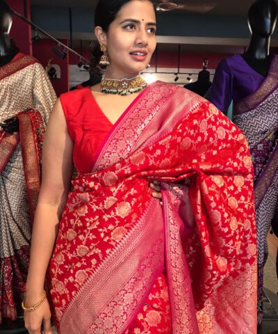 Red Banarasi Silk Saree highlighted with Floral weaves and Contrast Woven Border