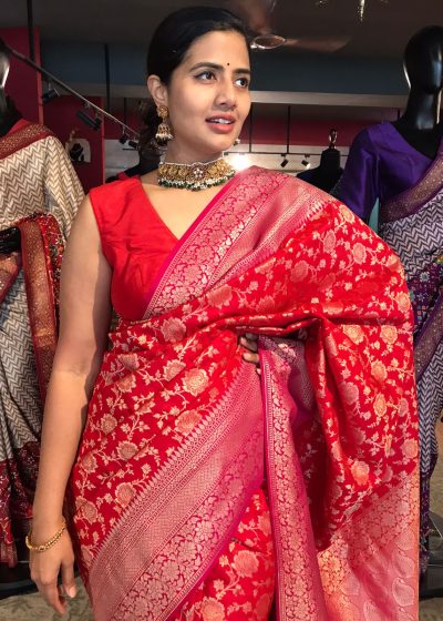 Red Banarasi Silk Saree highlighted with Floral weaves and Contrast Woven Border