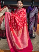 Red Banarasi Silk Saree highlighted with Floral weaves and Contrast Woven Border - Image 3