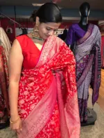 Red Banarasi Silk Saree highlighted with Floral weaves and Contrast Woven Border - Image 5