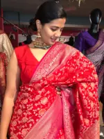Red Banarasi Silk Saree highlighted with Floral weaves and Contrast Woven Border - Image 4
