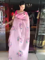 Pink Printed Kota Silk Saree highlighted with Gold Zari piping - Image 6