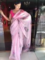 Pink Printed Kota Silk Saree highlighted with Gold Zari piping - Image 5
