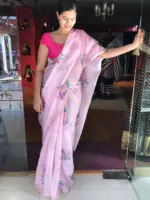 Pink Printed Kota Silk Saree highlighted with Gold Zari piping - Image 3