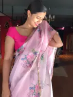Pink Printed Kota Silk Saree highlighted with Gold Zari piping - Image 4