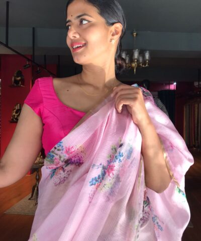 Pink Printed Kota Silk Saree highlighted with Gold Zari piping