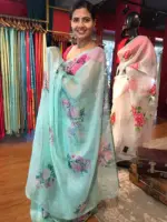 Mint Green Printed Kota Silk Saree highlighted with Gold Zari piping - Image 3