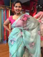 Mint Green Printed Kota Silk Saree highlighted with Gold Zari piping - Image 4