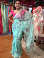 Mint Green Printed Kota Silk Saree highlighted with Gold Zari piping - Image 2