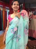 Mint Green Printed Kota Silk Saree highlighted with Gold Zari piping - Image 6