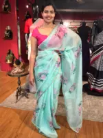 Mint Green Printed Kota Silk Saree highlighted with Gold Zari piping - Image 5