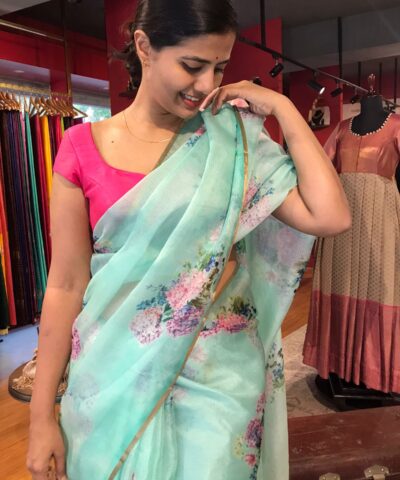 Mint Green Printed Kota Silk Saree highlighted with Gold Zari piping