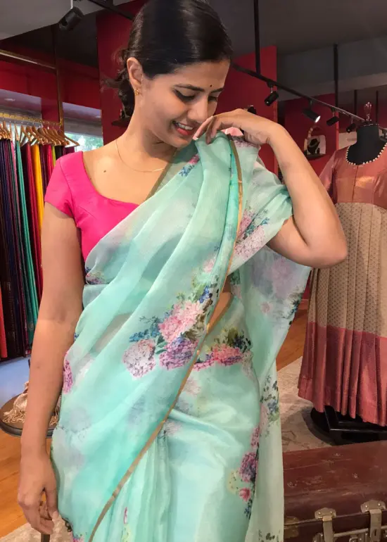 Mint Green Printed Kota Silk Saree highlighted with Gold Zari piping