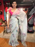 Grey Printed Kota Silk Saree highlighted with Gold Zari piping - Image 2