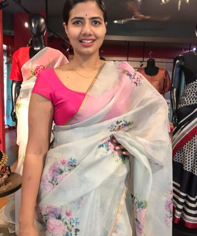 Grey Printed Kota Silk Saree highlighted with Gold Zari piping