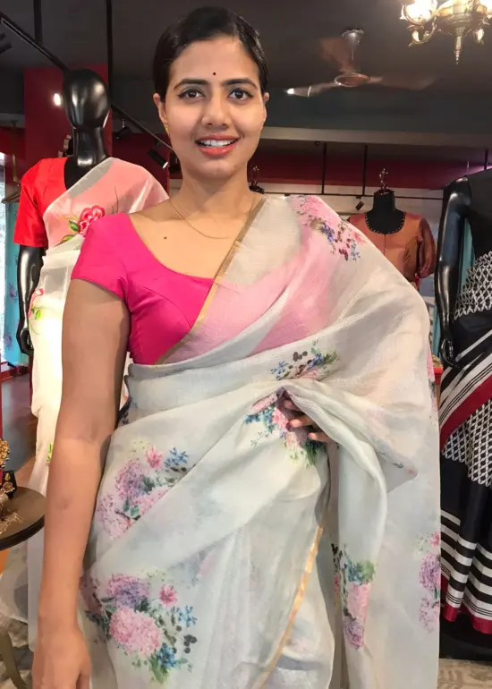 Grey Printed Kota Silk Saree highlighted with Gold Zari piping