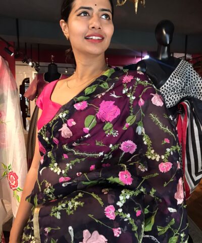 Navyblue Embroidered Organza Silk Saree