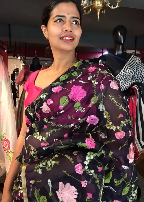 Navyblue Embroidered Organza Silk Saree