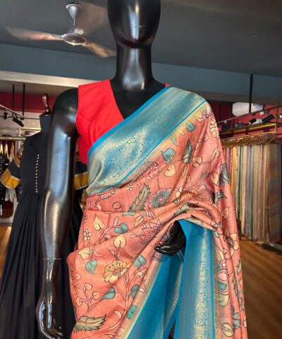 Peach Banarasi Silk Saree with Kalamkari Prints