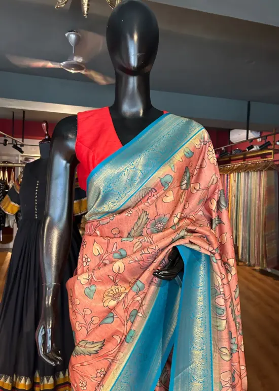 Peach Banarasi Silk Saree with Kalamkari Prints