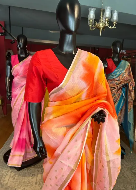 Orange Kota Saree with Gold Zari Border