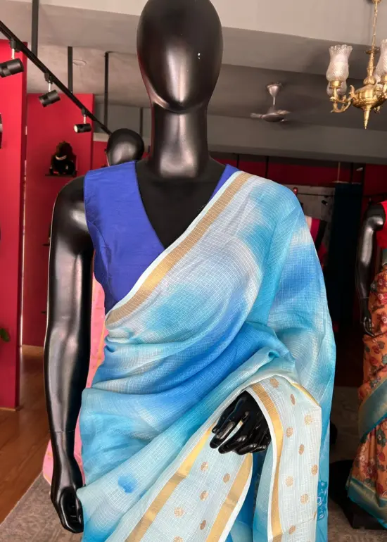 Blue Kota Saree with Gold Zari Border